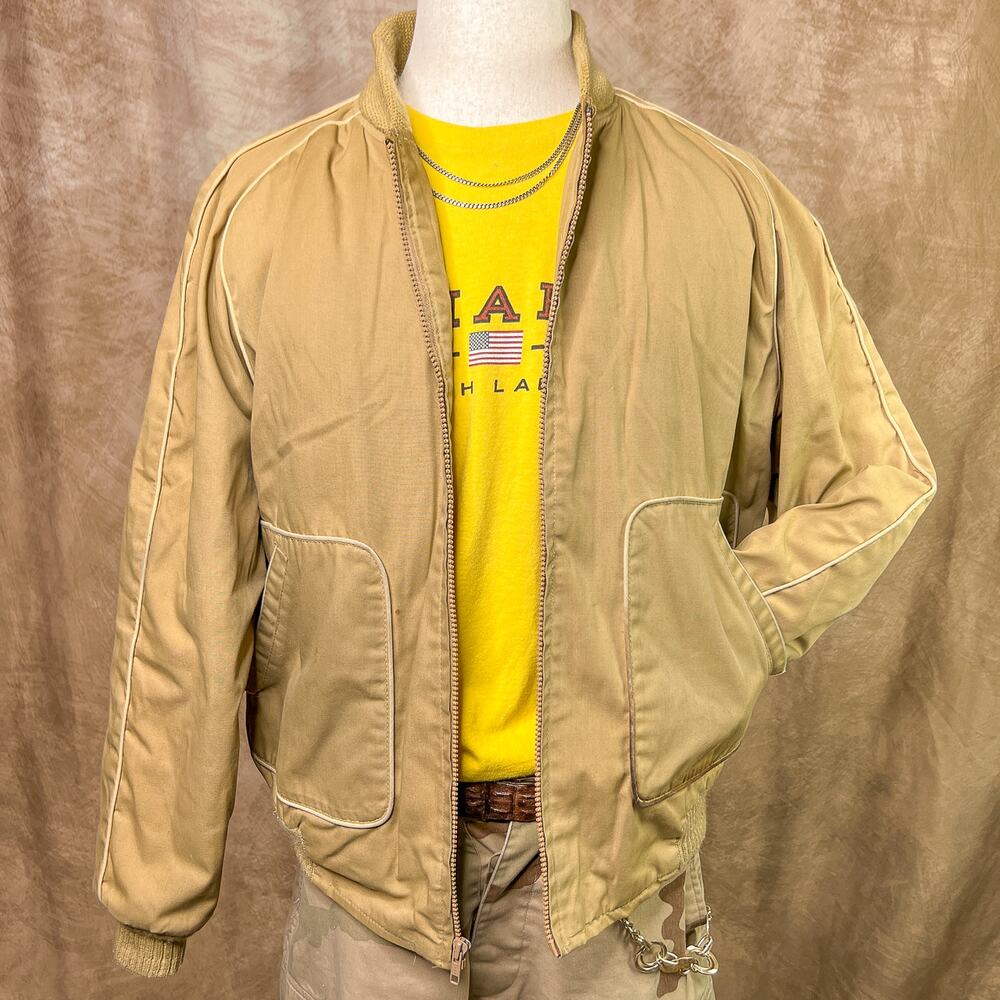 Vintage 70s Bomber Jacket Tan Zip Up Quilted Lining Moto Biker Outdoor Retro